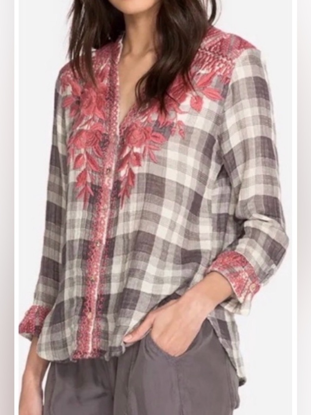 Johnny Was Josiane plaid embroidered button-down blouse